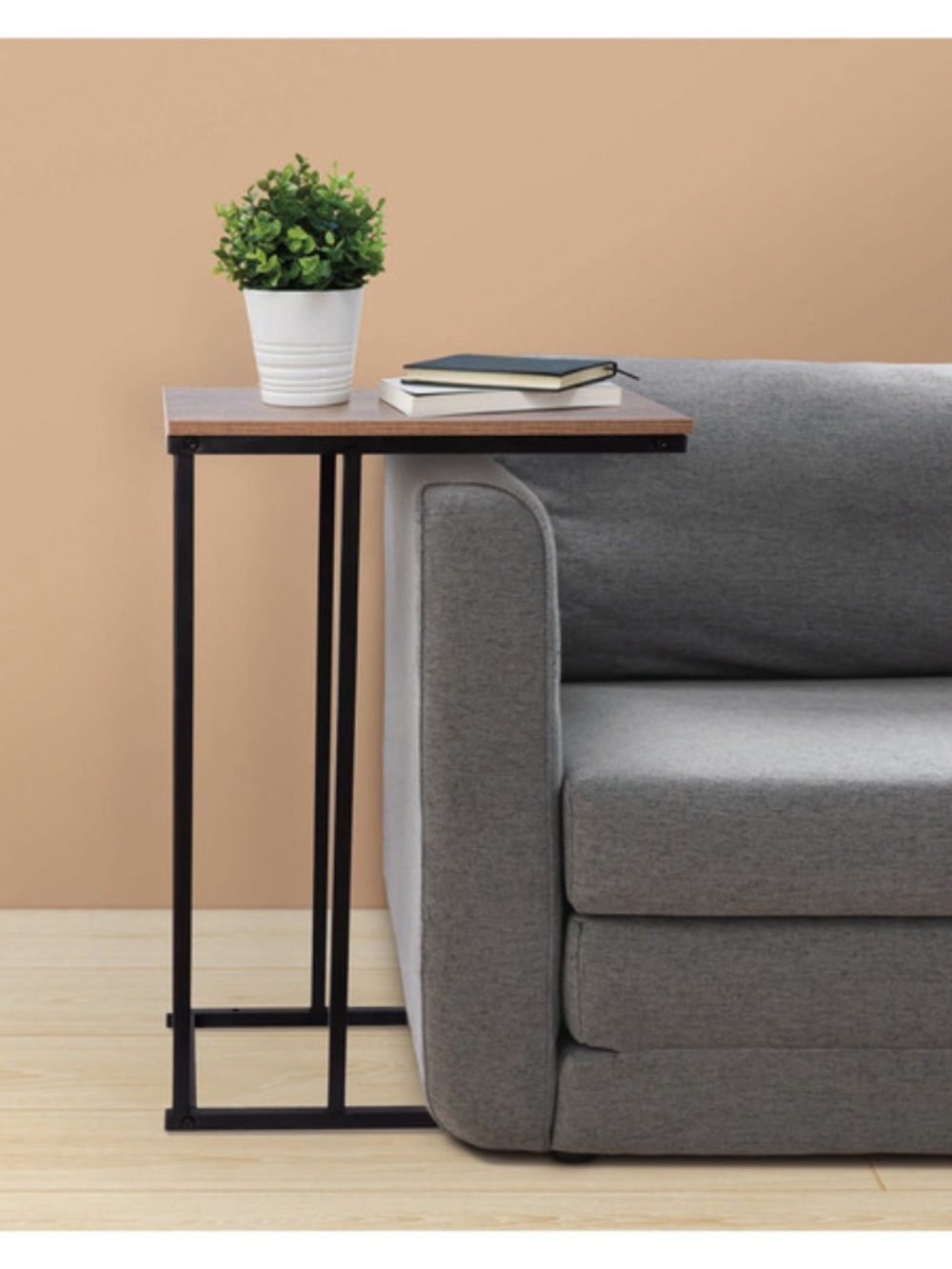 C-Shaped Rectangular Side Table/ End Table Walnut Finish with Metal Frame
